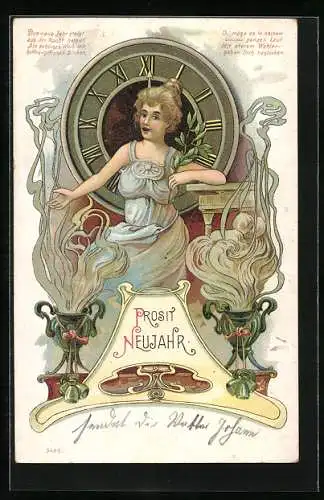Lithographie Stastny Novy Rok, Dame weist ins neue Jahr, Jugendstil