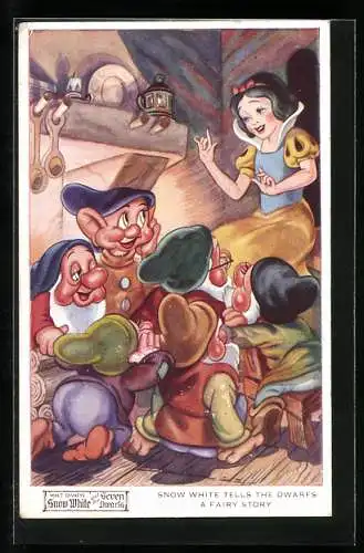 Künstler-AK Comic aus dem Walt Disney Film Snow White - Show White tells the Dwarfs a fairy Story