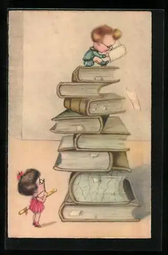 AK Junge sitzt lesend auf einem Bücherstapel