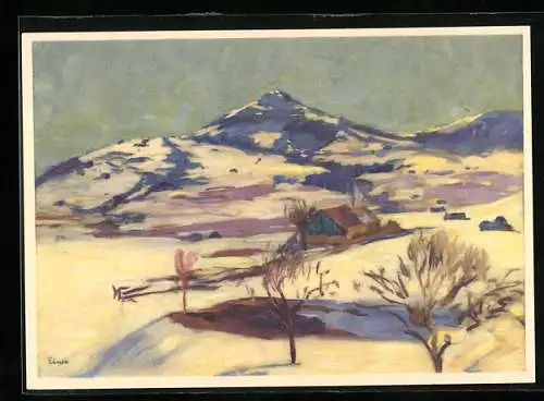 AK Schnee im März, Berg mit Hütte unter Schneedecke