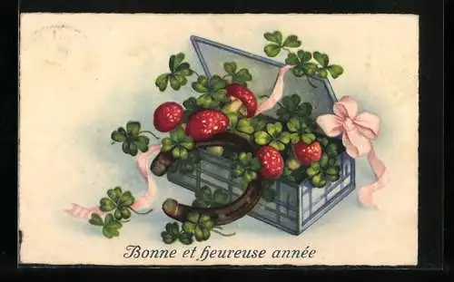 AK Fliegenpilze, Kleeblätter und Hufeisen in einer Kiste, Neujahr