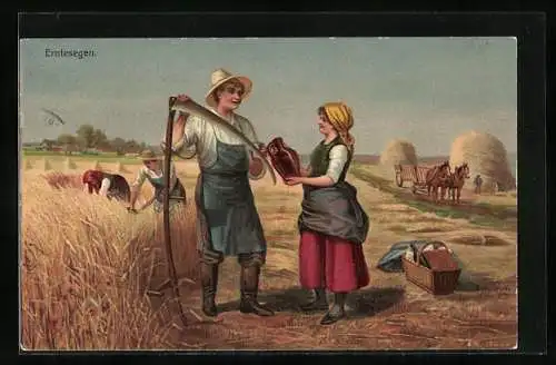 AK Erntesegen, Bauern bei einer Rast während der Kornernte, Landleben