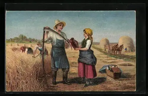 AK Erntesegen, Bauern bei einer Rast während der Kornernte, Landleben