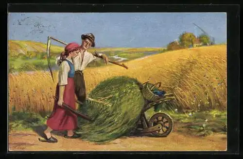 Künstler-AK Bauer mit Sense und Bäuerin mit Karren auf dem Feld
