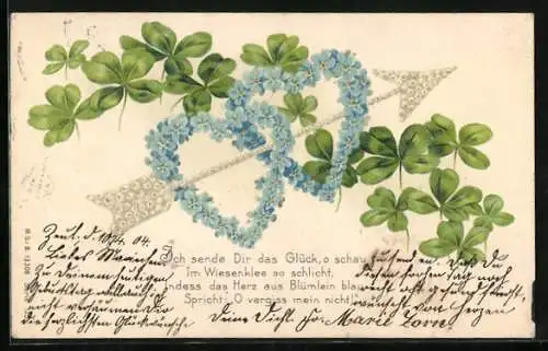 AK Herzen aus Vergissmeinnicht mit Pfeil und Kleeblättern