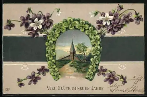 Lithographie Hufeisen aus Kleeblättern mit Veilchen