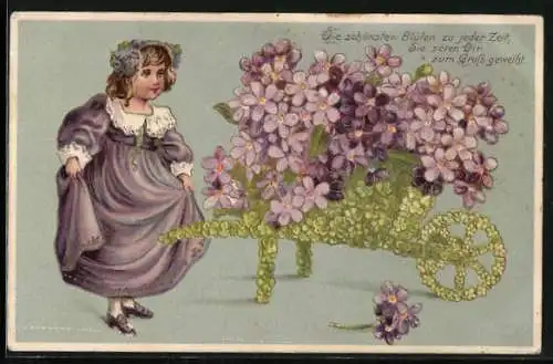 AK Mädchen mit Schubkarre voller Veilchen