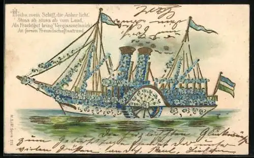 Lithographie Blumengeschmückter Rad-Dampfer