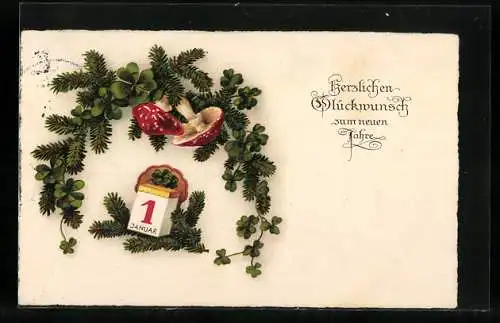 AK Fliegenpilze, Tannenzweig und Kalenderblatt, Neujahrsgruss