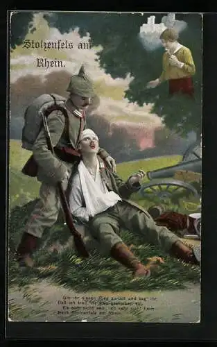 AK Stolzenfels am Rhein, Soldat bei einem verwundeten Kameraden, junge Frau, Soldatenliebe