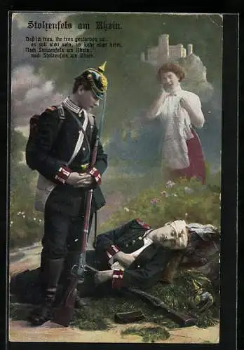 AK Stolzenfels /Rh., Sterbender Soldat und trauernde Braut, Burg, Rotes Kreuz