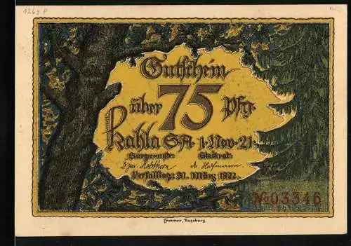 Notgeld Kahla SA, 1921, 75 Pfennig, Blick durch das Burgtor der Leuchtenburg