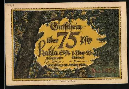 Notgeld Kahla, 1921, 75 Pfennig, Der Pfortenberg mit Turm in Kahla, Baum und Verzierungen