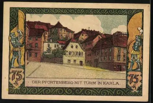 Notgeld Kahla, 1921, 75 Pfennig, Der Pfortenberg mit Turm in Kahla, Baum und Verzierungen