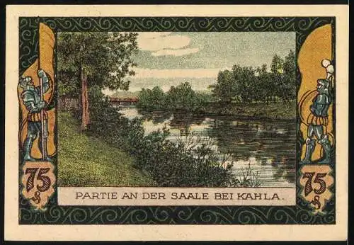 Notgeld Kahla 1921, 75 Pfennig, Partie an der Saale bei Kahla, Seriennummer 03346