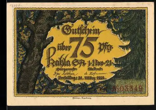 Notgeld Kahla 1921, 75 Pfennig, Gutschein mit Blick auf die Leuchtenburg