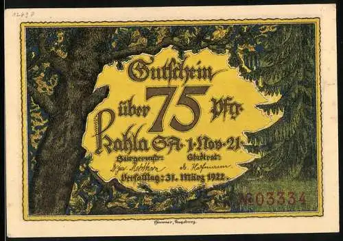 Notgeld Kahla 1921, 75 Pfennig, Landschaft mit Ortschaft und Fluss im Vordergrund