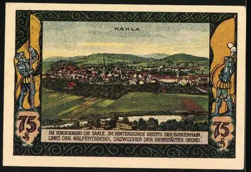 Notgeld Kahla 1921, 75 Pfennig, Landschaft mit Ortschaft und Fluss im Vordergrund