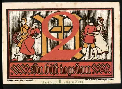 Notgeld Goslar 1922, 2 Mark, Du bist togedau, Adlerwappen, Tänzer, Rudolf Fricke Design