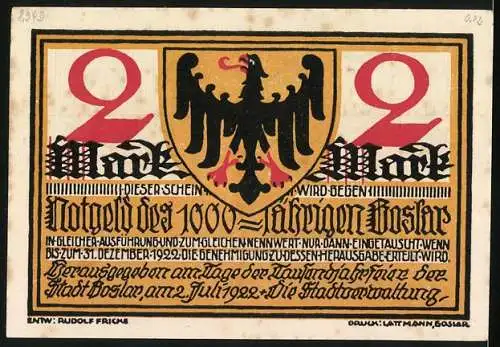 Notgeld Goslar 1922, 2 Mark, Du bist togedau, Adlerwappen, Tänzer, Rudolf Fricke Design