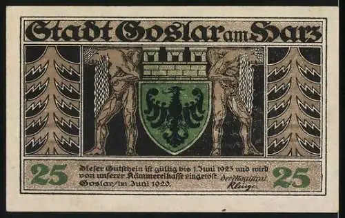 Notgeld Goslar 1920, 25 Pfennig, Darstellung des Dukatenmanns und Stadtszenen von Goslar