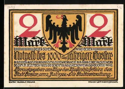 Notgeld Goslar 1922, 2 Mark, Adlerwappen und mittelalterliche Figuren