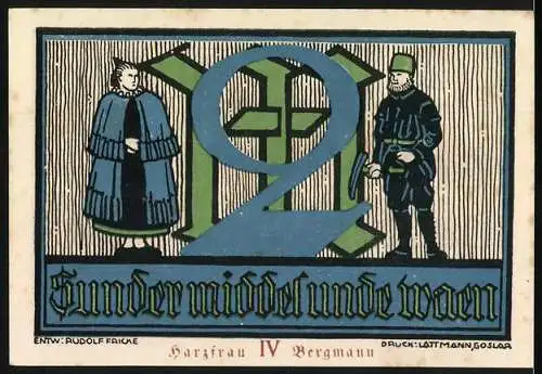 Notgeld Goslar 1922, 2 Mark, Adlerwappen und mittelalterliche Figuren