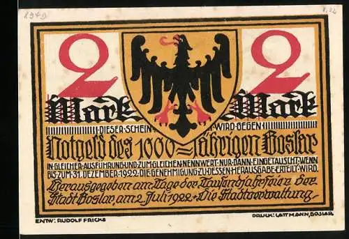 Notgeld Goslar 1922, 2 Mark, Adlerwappen und Soldatenillustration