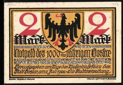 Notgeld Goslar, 1922, 2 Mark, Adlerwappen und Arbeiterdarstellung