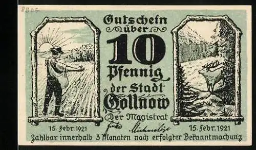 Notgeld Gollnow 1921, 10 Pfennig, Gutschein mit Landarbeiter und Waldszene, Rückseite mit Anker, Gebäude und Zahnrad