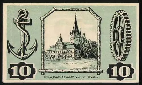 Notgeld Gollnow 1921, 10 Pfennig, Gutschein mit Landarbeiter und Waldszene, Rückseite mit Anker, Gebäude und Zahnrad