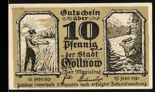 Notgeld Gollnow 1921, 10 Pfennig, landwirtschaftliche Szene und Hirsch, Rückseite mit Kirche und Anker