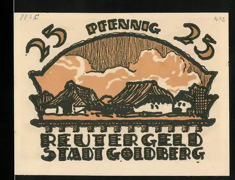 Notgeld Goldberg, 1922, 25 Pfennig, Reutergeld mit Stadtansicht und Spruch