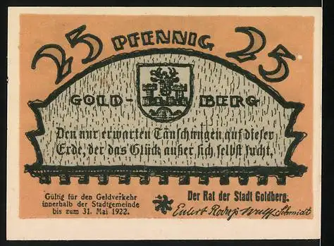 Notgeld Goldberg, 1922, 25 Pfennig, Reutergeld mit Stadtansicht und Spruch