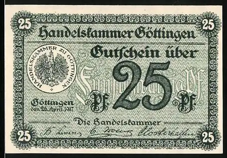 Notgeld Göttingen 1917, 25 Pfennig, Handelskammer Göttingen Gutschein über 25 Pfennig