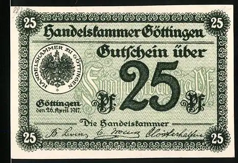 Notgeld Göttingen 1917, 25 Pfennig, Handelkammer Gutschein über 25, Seriennummer 519693