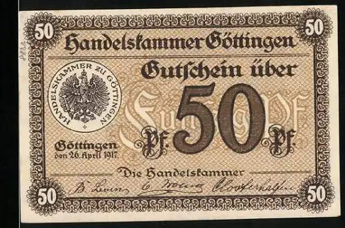 Notgeld Göttingen 1917, 50 Pfennig, Handelskammer Gutschein mit Adler und Seriennummer 214252