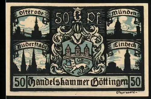 Notgeld Göttingen, 1920, 50 Pfennig, Handelskammer mit Stadtansichten und Arbeiter-Motiven