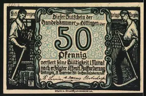 Notgeld Göttingen, 1920, 50 Pfennig, Handelskammer mit Stadtansichten und Arbeiter-Motiven