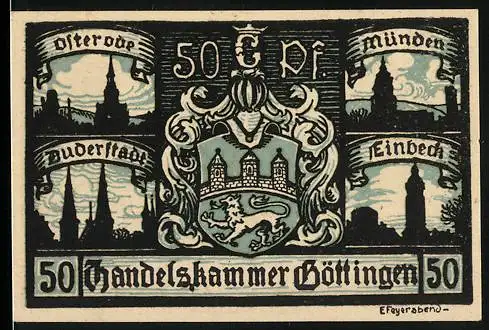 Notgeld Göttingen, 1921, 50 Pfennig, Handelskammer mit Stadtansichten und Wappen auf der Vorderseite, Arbeiter