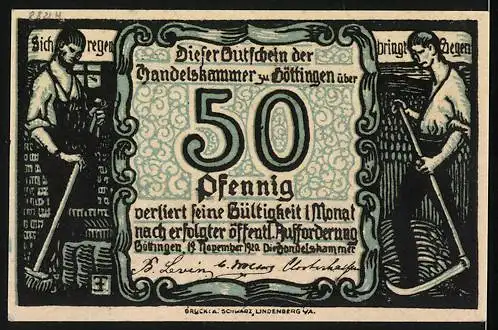 Notgeld Göttingen, 1921, 50 Pfennig, Handelskammer mit Stadtansichten und Wappen auf der Vorderseite, Arbeiter