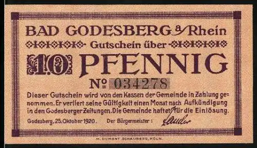 Notgeld Bad Godesberg, 1920, 10 Pfennig, Gutschein der Gemeinde mit Landschaftsbild