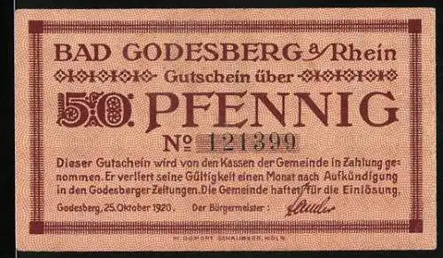 Notgeld Bad Godesberg 1920, 50 Pfennig, beige Gutschein mit Portrait und Gedicht