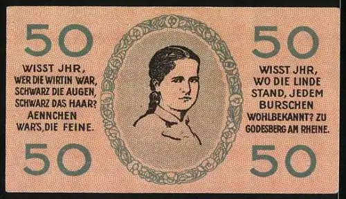 Notgeld Bad Godesberg 1920, 50 Pfennig, beige Gutschein mit Portrait und Gedicht