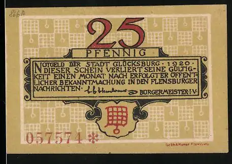 Notgeld Glücksburg 1920, 25 Pfennig, Schloss Glücksburg und Text zur Gültigkeit mit Wappen