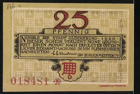 Notgeld Glücksburg 1920, 25 Pfennig, Schloss Glücksburg Abbildung, Seriennummer 018481