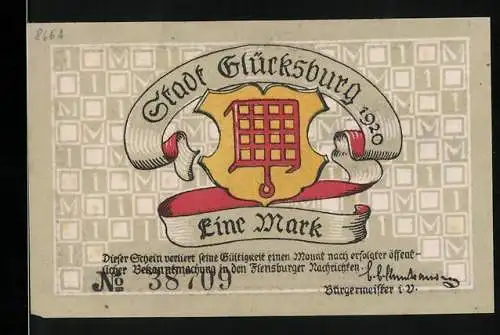 Notgeld Glücksburg 1920, Eine Mark, Vorderseite Wappen und Rückseite Schloss Glücksburg