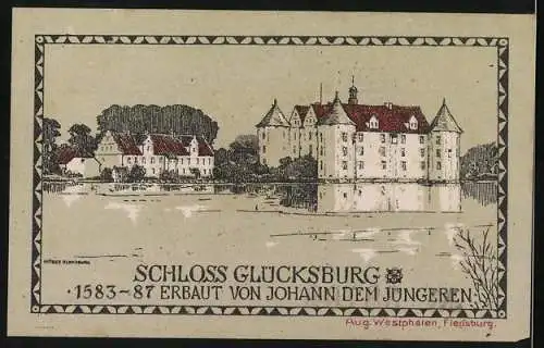 Notgeld Glücksburg 1920, Eine Mark, Vorderseite Wappen und Rückseite Schloss Glücksburg