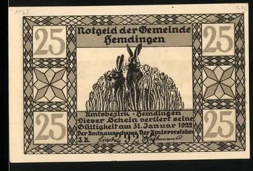 Notgeld Hemdingen, 1922, 25 Pfennig, Vorderseite mit Hasen, Rückseite mit Igel und Landschaft