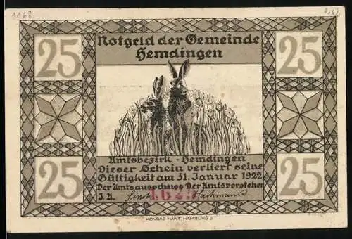 Notgeld Hemdingen 1922, 25 Pfennig, Hase im Feld und Igel im Garten, Konrad Hanf Hamburg